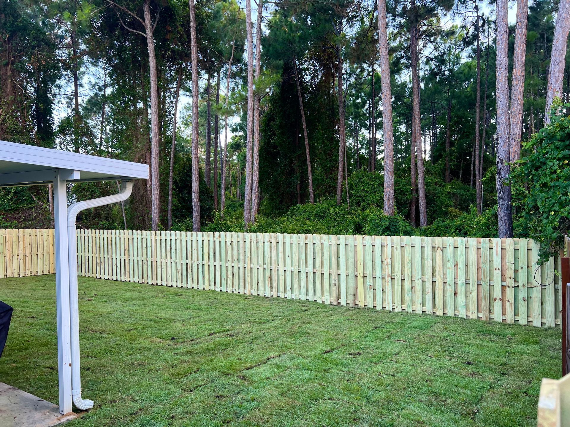 A wooden fence surrounds a lush green yard with trees in the background.