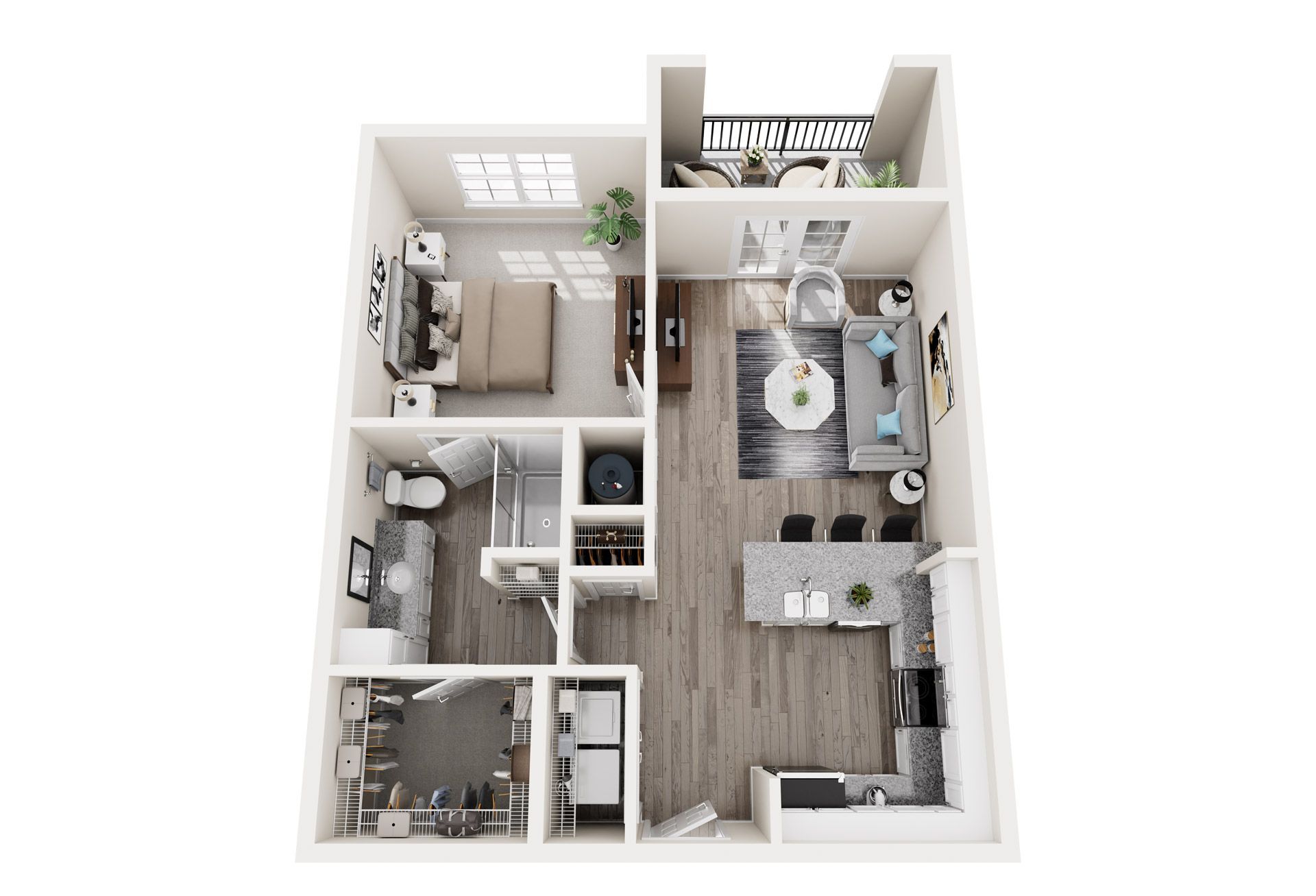 A 3d floor plan of a small apartment with a bedroom , living room , dining room , and kitchen.