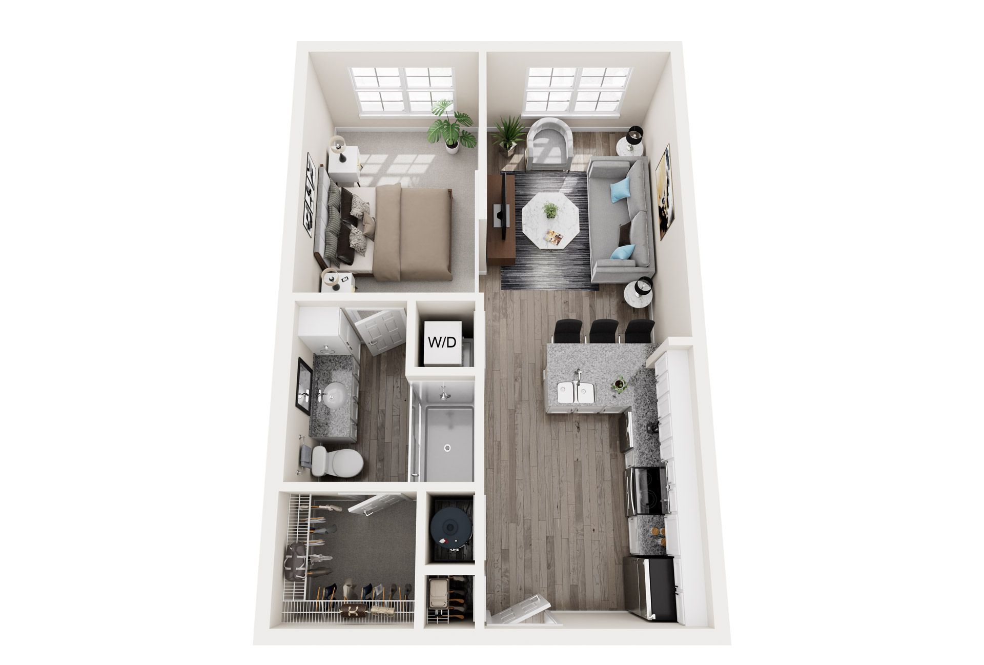 It is a 3d floor plan of a small apartment.