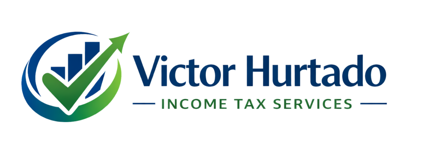 Logo for Victor Hurtado Income Tax Services featuring a blue bar chart within a green checkmark circle.
