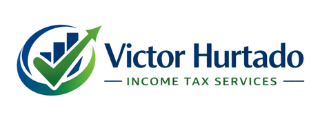 Logo for Victor Hurtado Income Tax Services featuring a blue bar chart within a green checkmark circle.