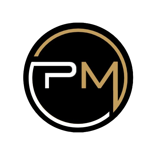 A black and gold logo with the letter pm in a circle.