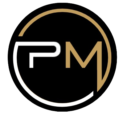 A black and gold logo with the letter pm in a circle.