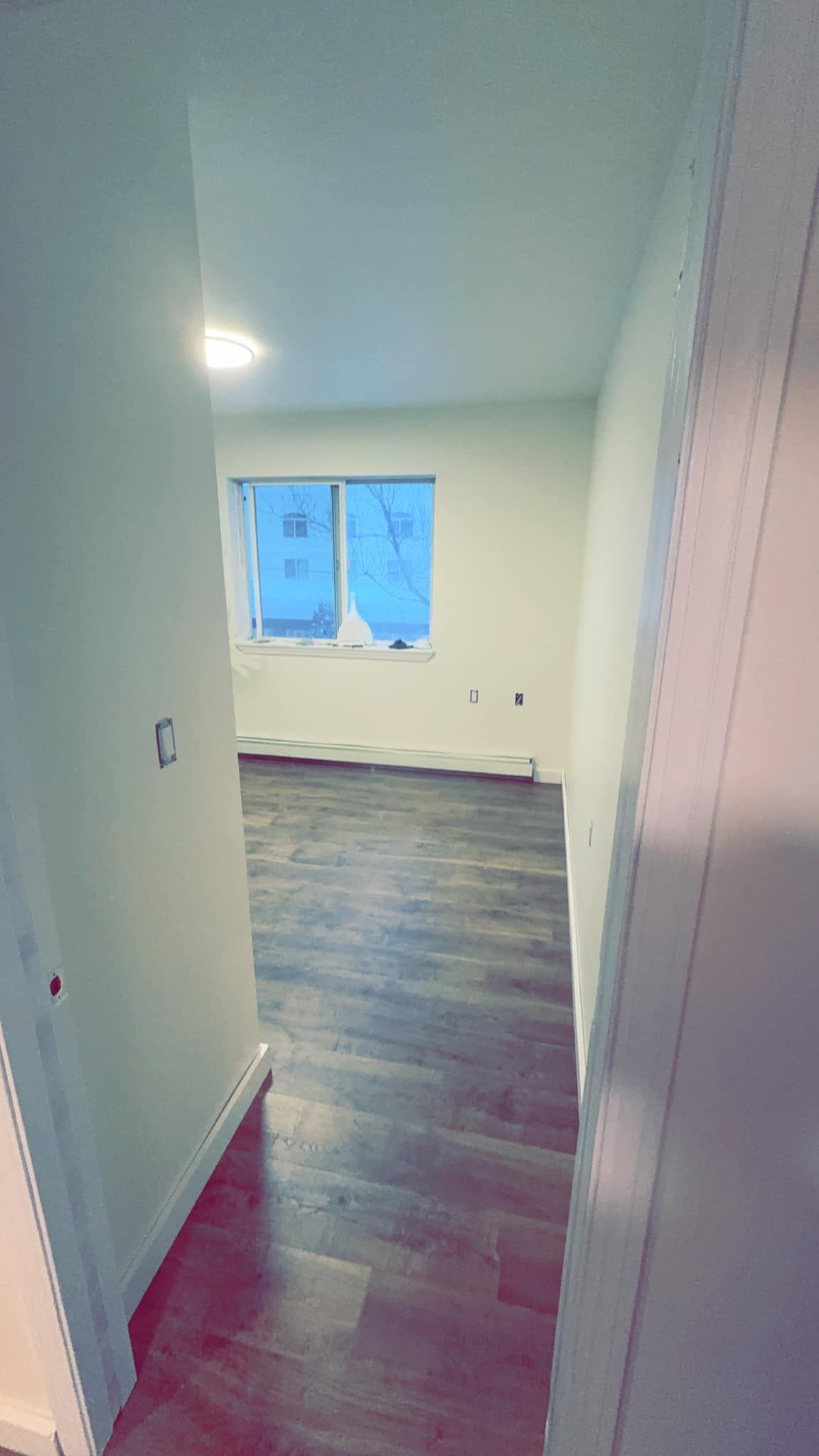 A hallway leading to a living room with hardwood floors and a window.