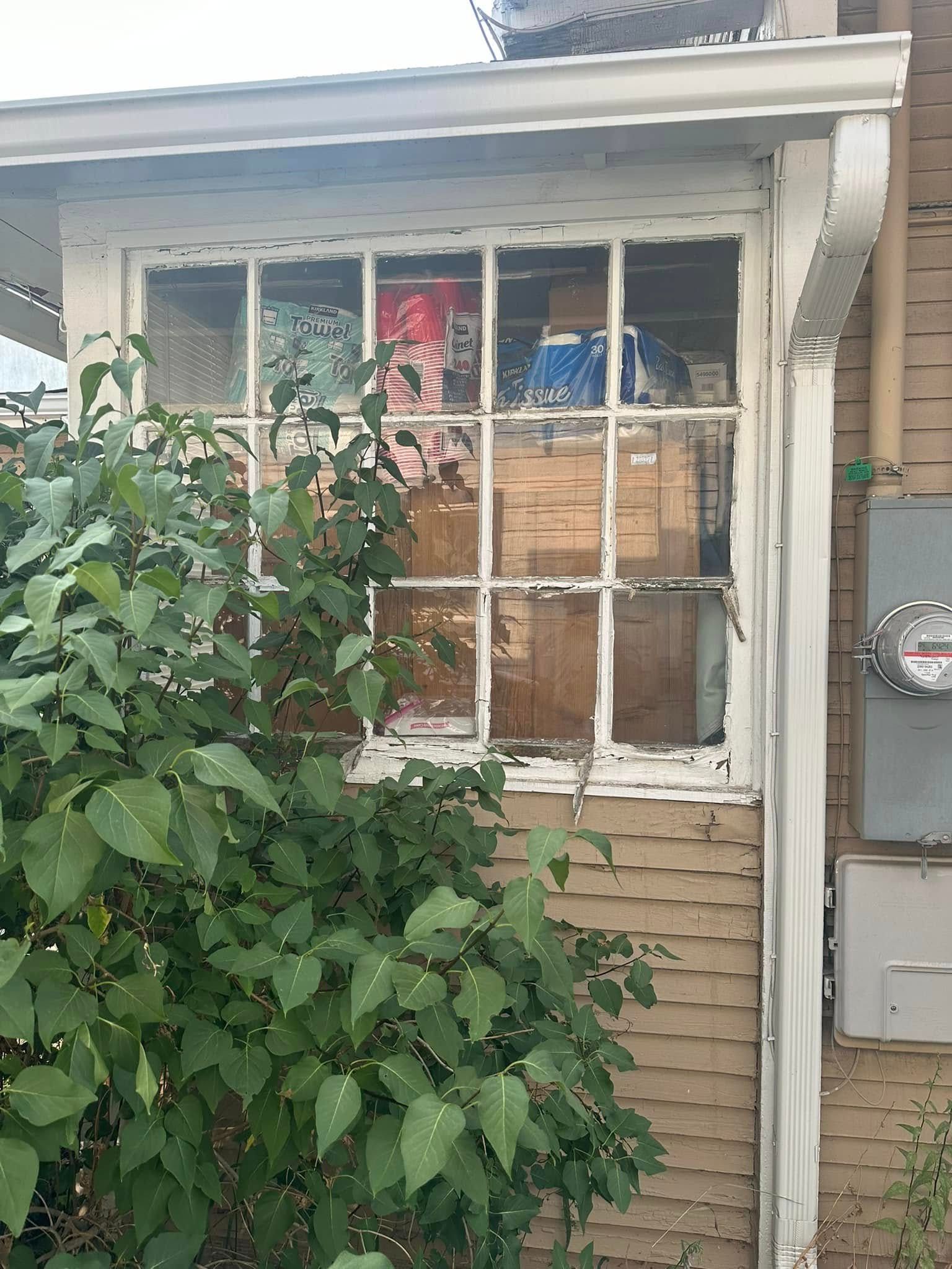 A window on the side of a house with a bush in front of it.