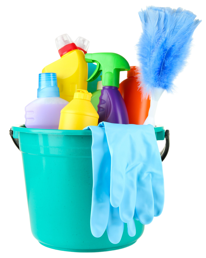 A blue bucket filled with cleaning supplies including gloves and a mop