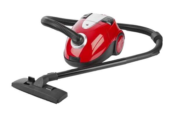 A red vacuum cleaner with a black hose 