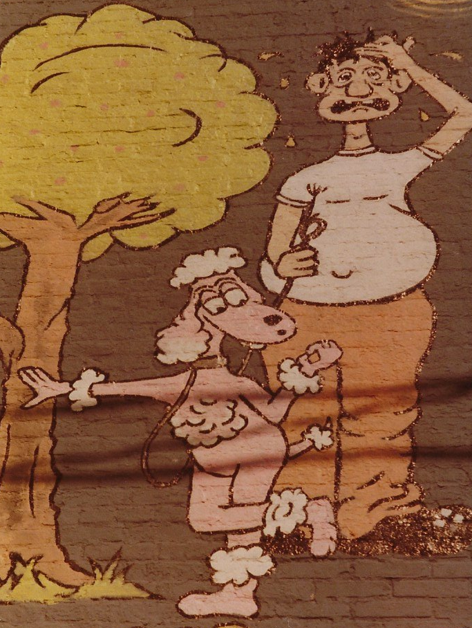 A cartoon of a man and a sheep standing next to a tree