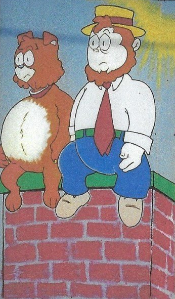A cartoon of a man and a cat sitting on a brick wall
