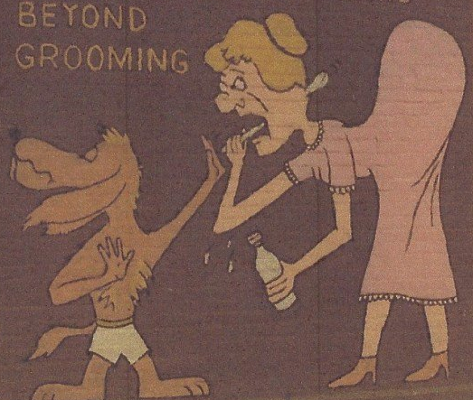 A cartoon of a woman and a dog with the words beyond grooming above them