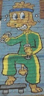 A cartoon character is sitting on a bench holding dumbbells.
