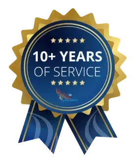 A blue and gold badge that says 10 years of service