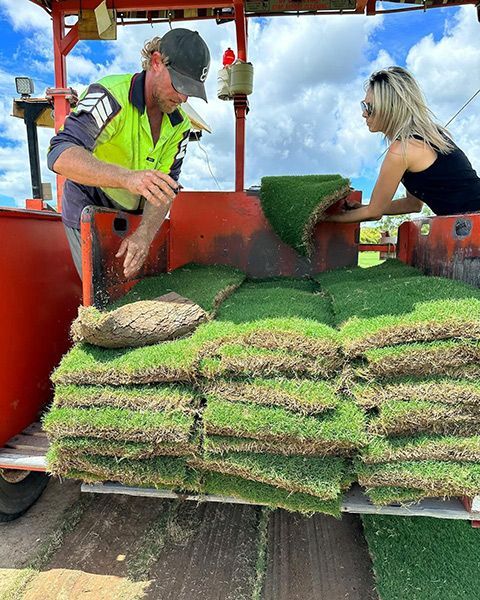 A Man and A Woman Are Working on A Machine that Is Cutting Grass — Top Notch Turf in Rasmussen, QLD