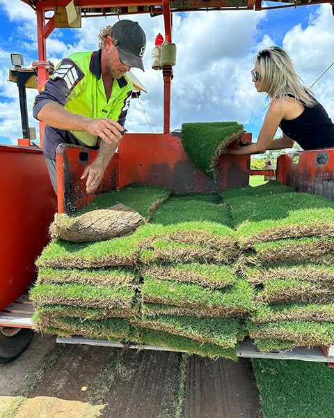 A Man and A Woman Are Working on A Machine Cutting Grass — Top Notch Turf in Rasmussen, QLD