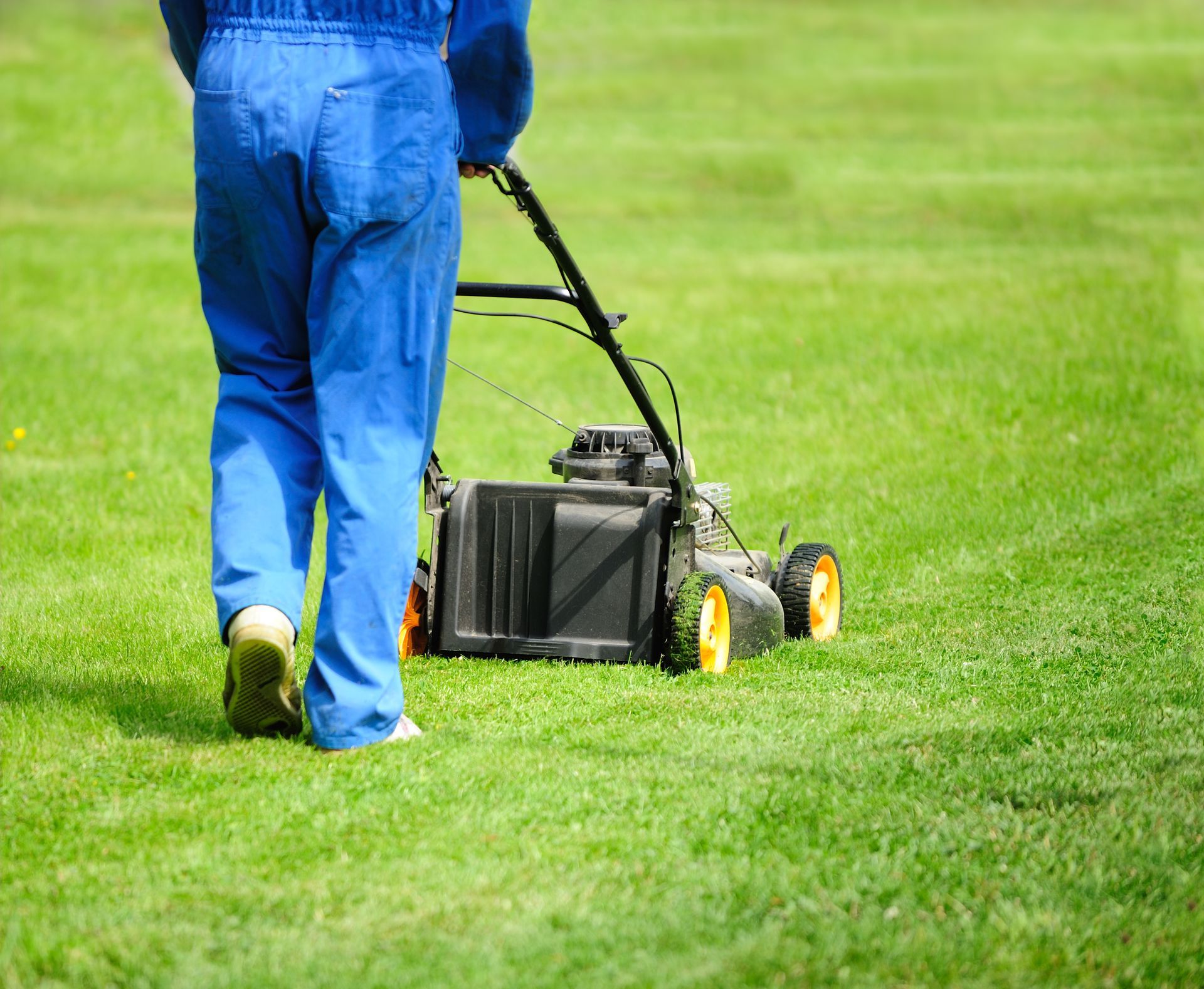Person in blue uniform mows grass with lawnmower, representing landscape design services. Person in blue uniform mows grass with lawnmower, representing landscape design services.