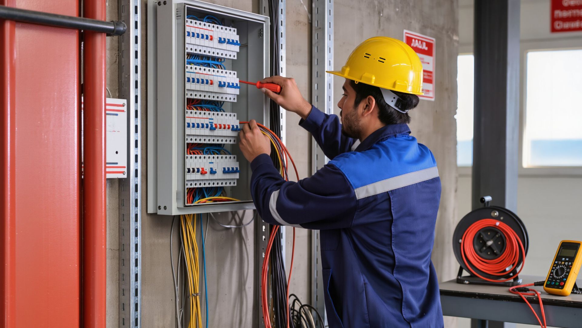 An emergency electrical contractor is testing a wall-mounted breaker panel. An emergency electrical contractor is testing a wall-mounted breaker panel.
