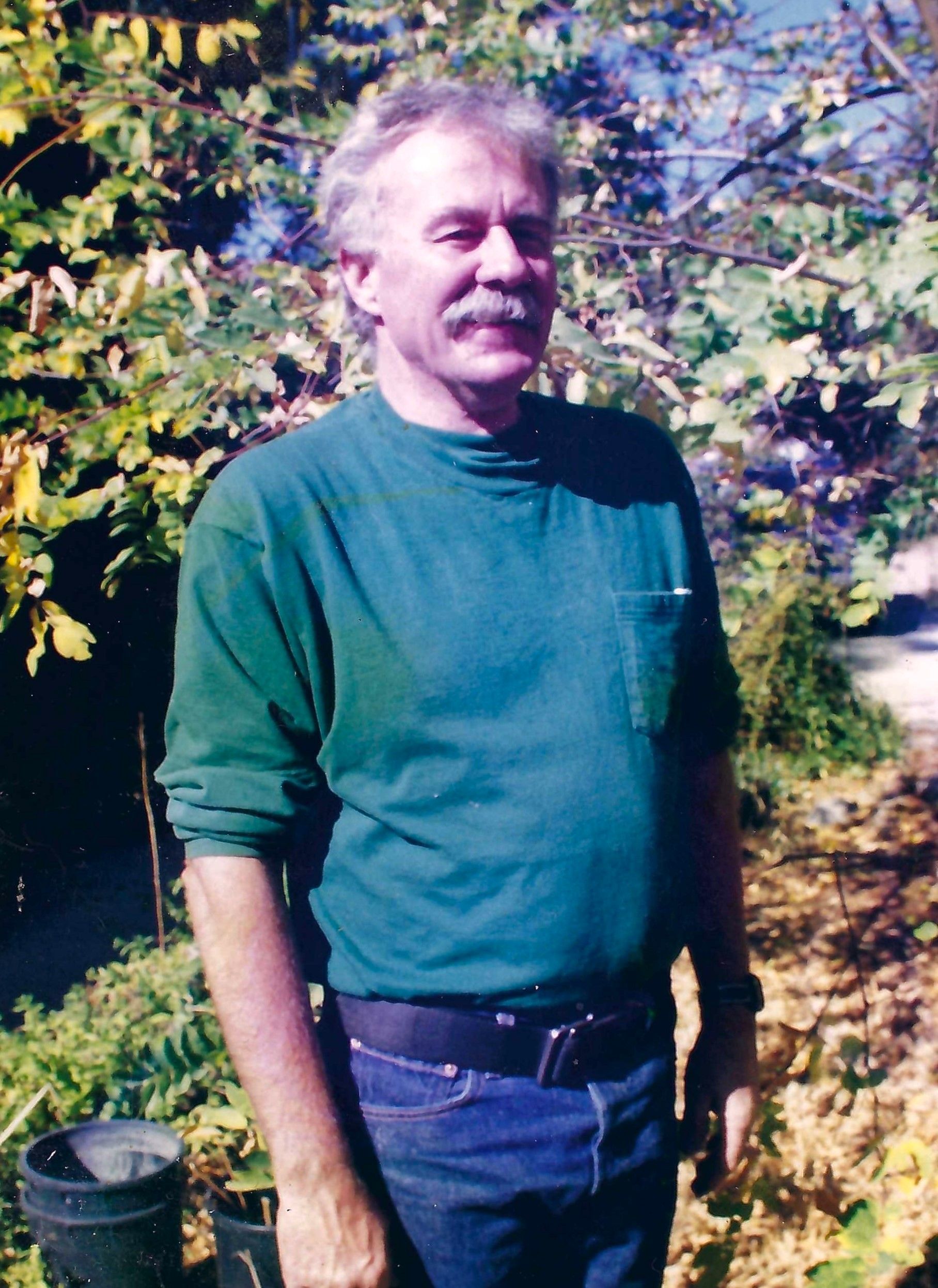 A man in a green shirt is standing in a garden