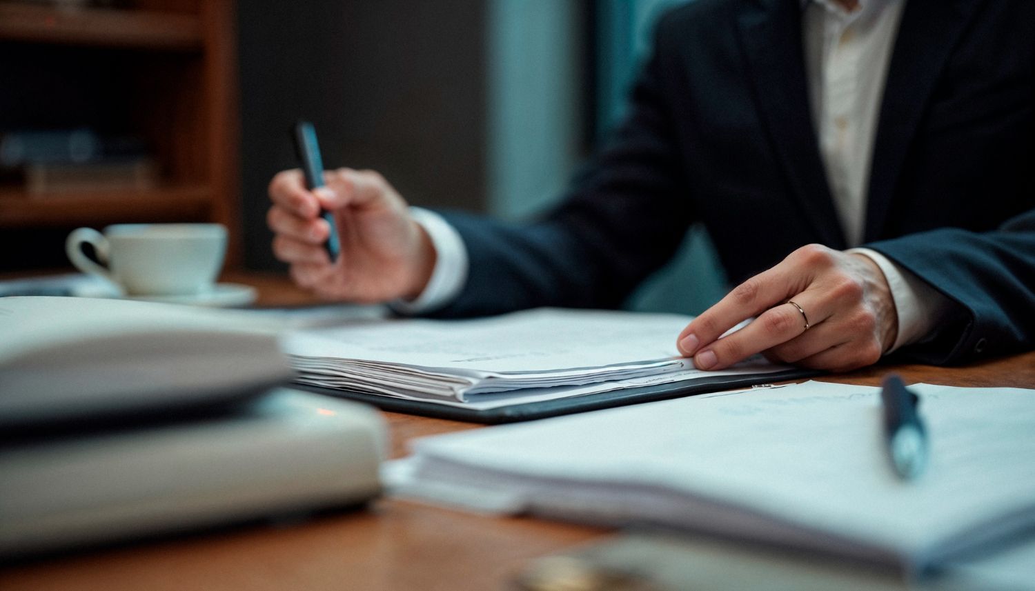 Persona vestida de traje revisando documentos en un escritorio, sosteniendo un bolígrafo.