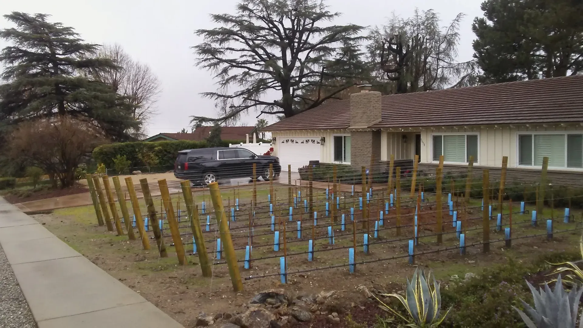 A house with a newly planted garden in front, fenced by wooden posts. A car is parked in the driveway.