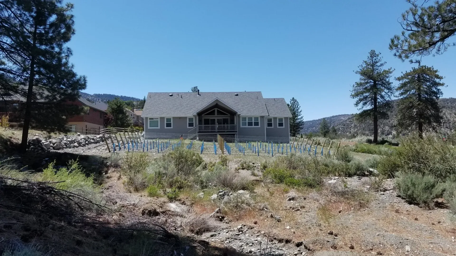 Large gray house with a porch, surrounded by greenery and trees, against a bright blue sky.