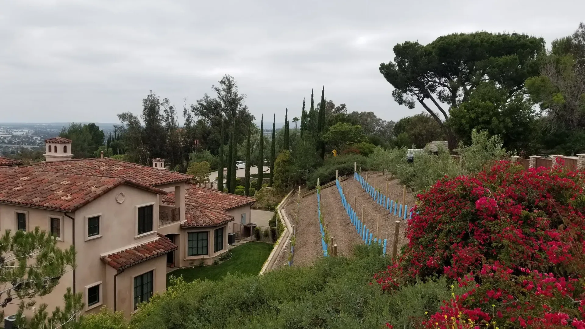 A large, tan house with a terracotta roof, overlooking a garden and a city under a cloudy sky.