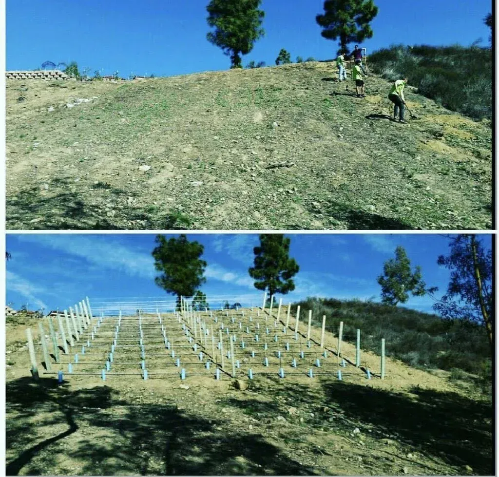 Top: Hillside with sparse vegetation, workers. Bottom: Same hillside, newly installed erosion control posts.