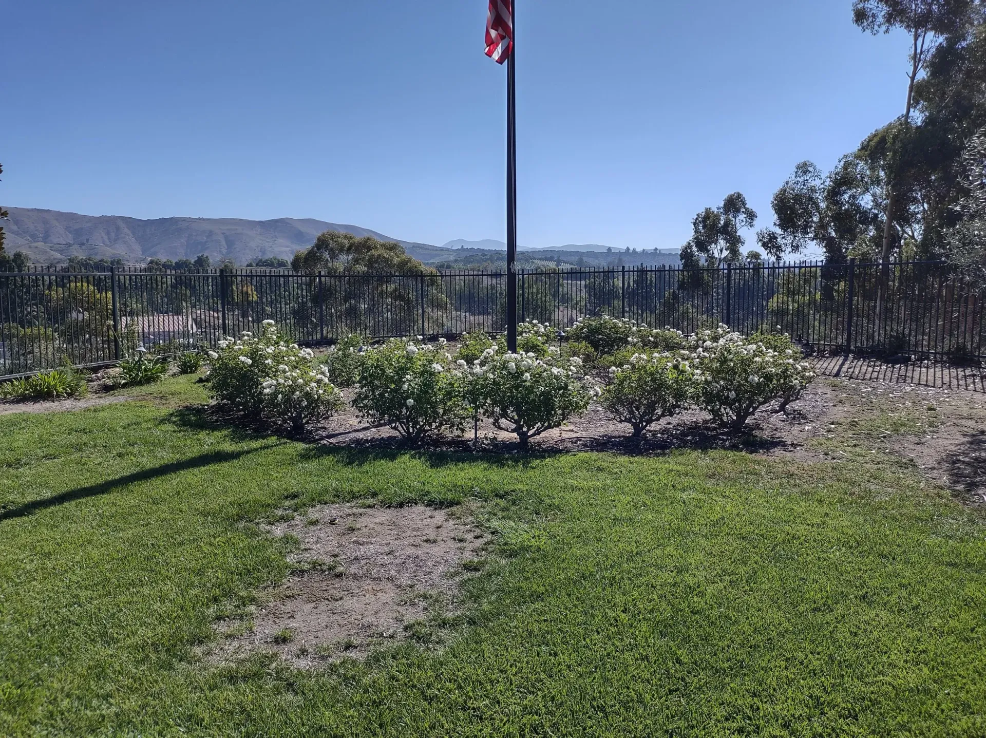 Grassy area with low bushes surrounding a flagpole. A dark fence backs a distant, hazy mountain range.
