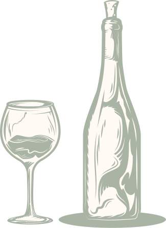 Wine bottle and glass, both partially shaded in light green on a white background.