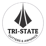 A black and white logo for Tri-State Gutters and Awnings
