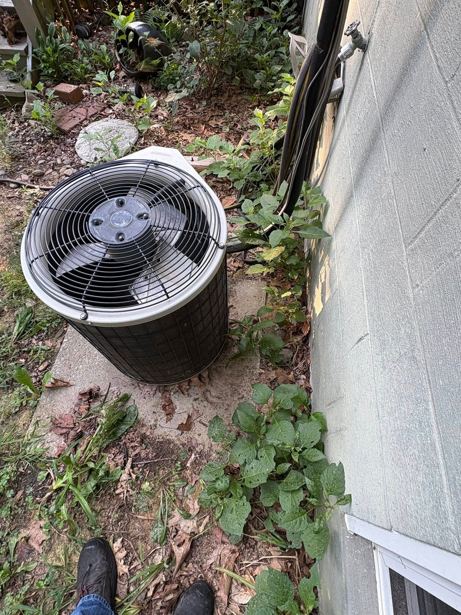 An outdoor air conditioning unit next to a textured building wall, surrounded by plants and debris.