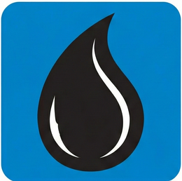 A black teardrop-shaped icon with two white curved lines inside, set against a bright blue square background.