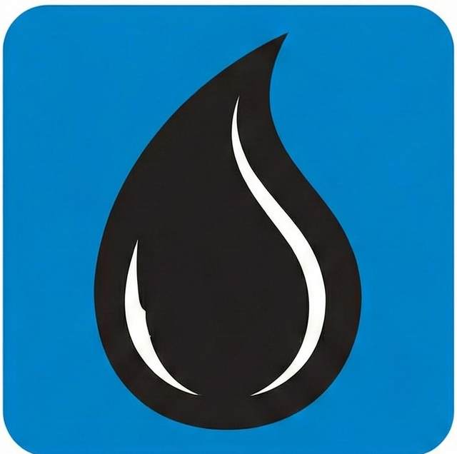 A black teardrop-shaped icon with two white curved lines inside, set against a bright blue square background.