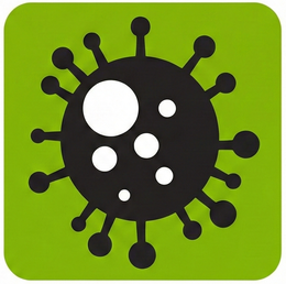 A stylized icon of a black virus particle with round spikes on a bright green, rounded-square background.