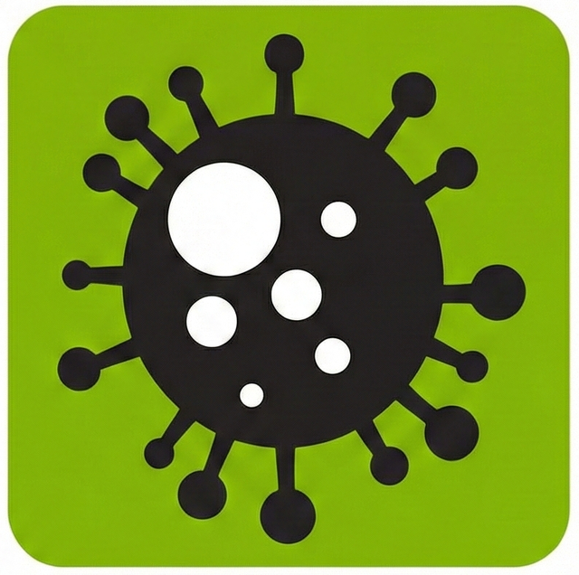 A stylized icon of a black virus particle with round spikes on a bright green, rounded-square background.