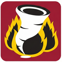 A white tornado surrounded by yellow and black flames on a deep red background.