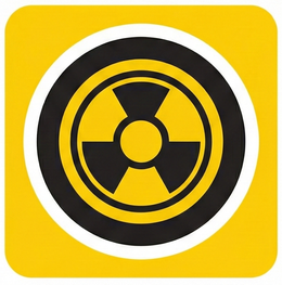 A black radiation hazard symbol centered on a yellow background with rounded corners and a thin white circular border.