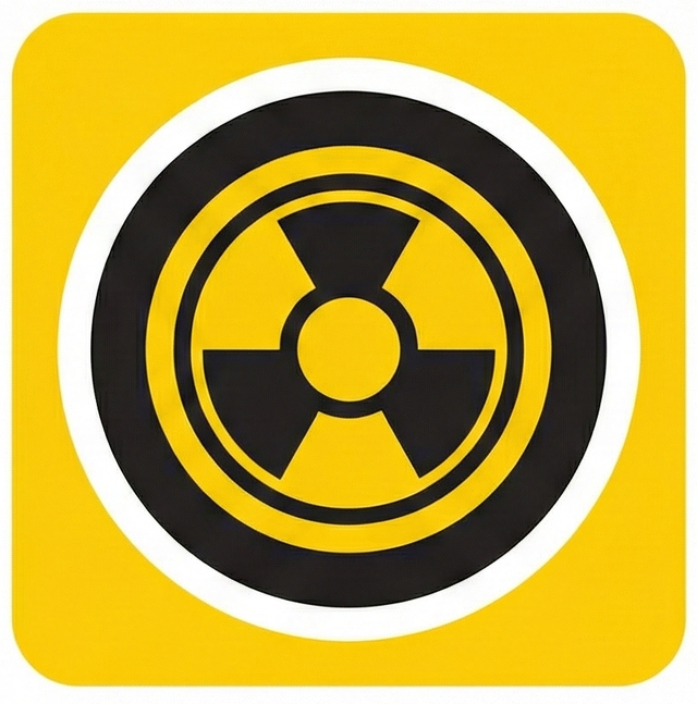 A black radiation hazard symbol centered on a yellow background with rounded corners and a thin white circular border.