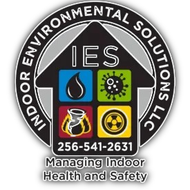 Logo for Indoor Environmental Solutions LLC featuring a house icon with symbols for water, mold, fire, and radiation.
