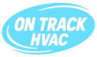 Logo for On Track HVAC, LLC featuring a flame and snowflake split by an arrow inside a dark blue shield.