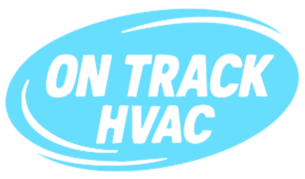 Logo for On Track HVAC, LLC featuring a flame and snowflake split by an arrow inside a dark blue shield.