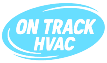 Logo for On Track HVAC, LLC featuring a flame and snowflake split by an arrow inside a dark blue shield.