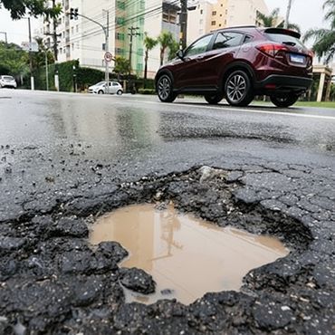 Grande buraco cheio de água em uma estrada molhada. Um carro bordô passa por ele.