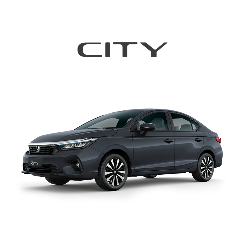 Sedan Honda City cinza escuro sobre fundo branco, com a palavra