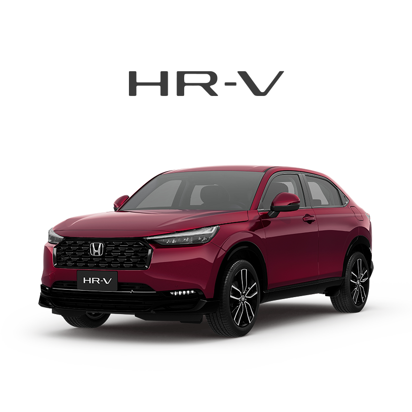 Um SUV Honda HR-V vermelho sobre um fundo branco com a inscrição