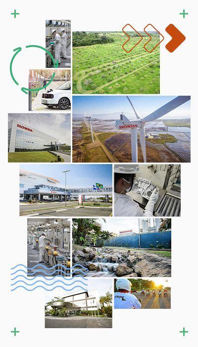 Colagem que destaca iniciativas sustentáveis: painéis solares, turbinas eólicas, edifícios ecológicos e cenas da natureza.