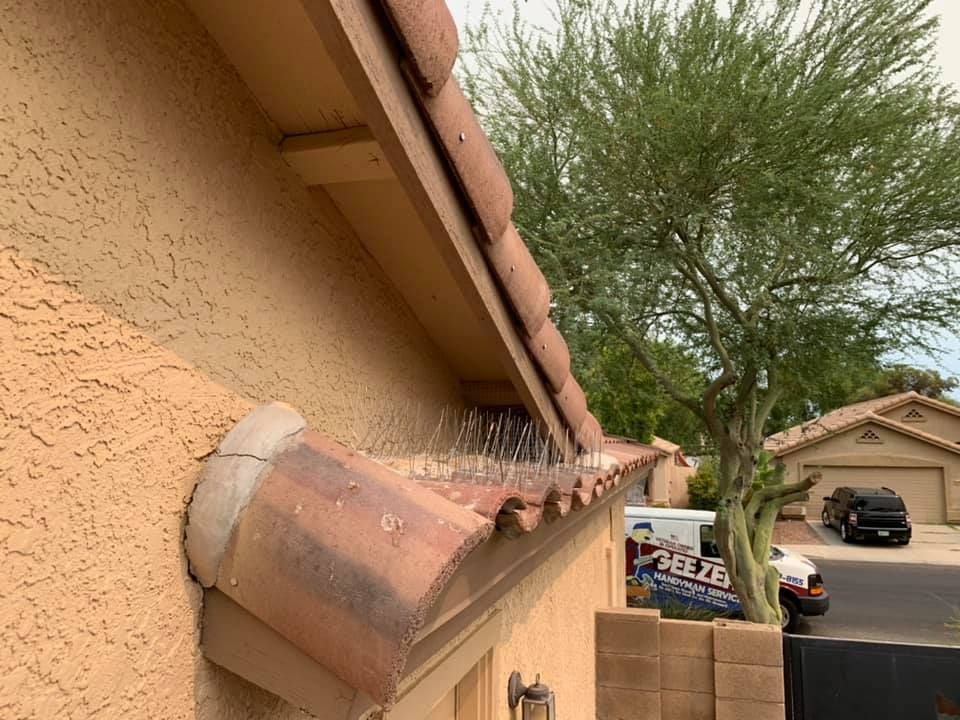 Water pouring off a roof with terracotta tiles. Beige house wall, tree, cars, and sky in background.