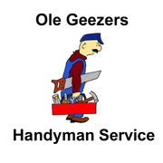 Ole Geezers Handyman Service logo: A man in overalls carries a toolbox and saw.