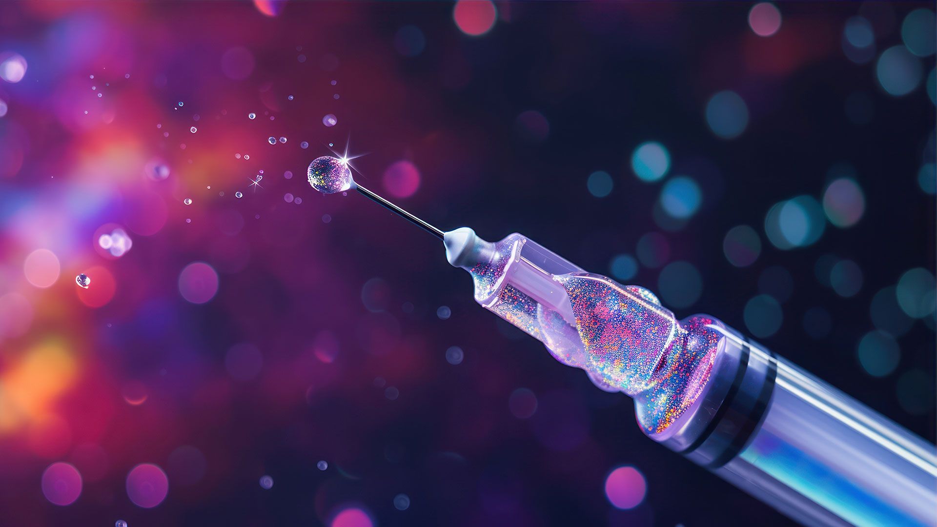 Close-up of syringe with a drop of liquid on the needle, surrounded by colorful bokeh lights.