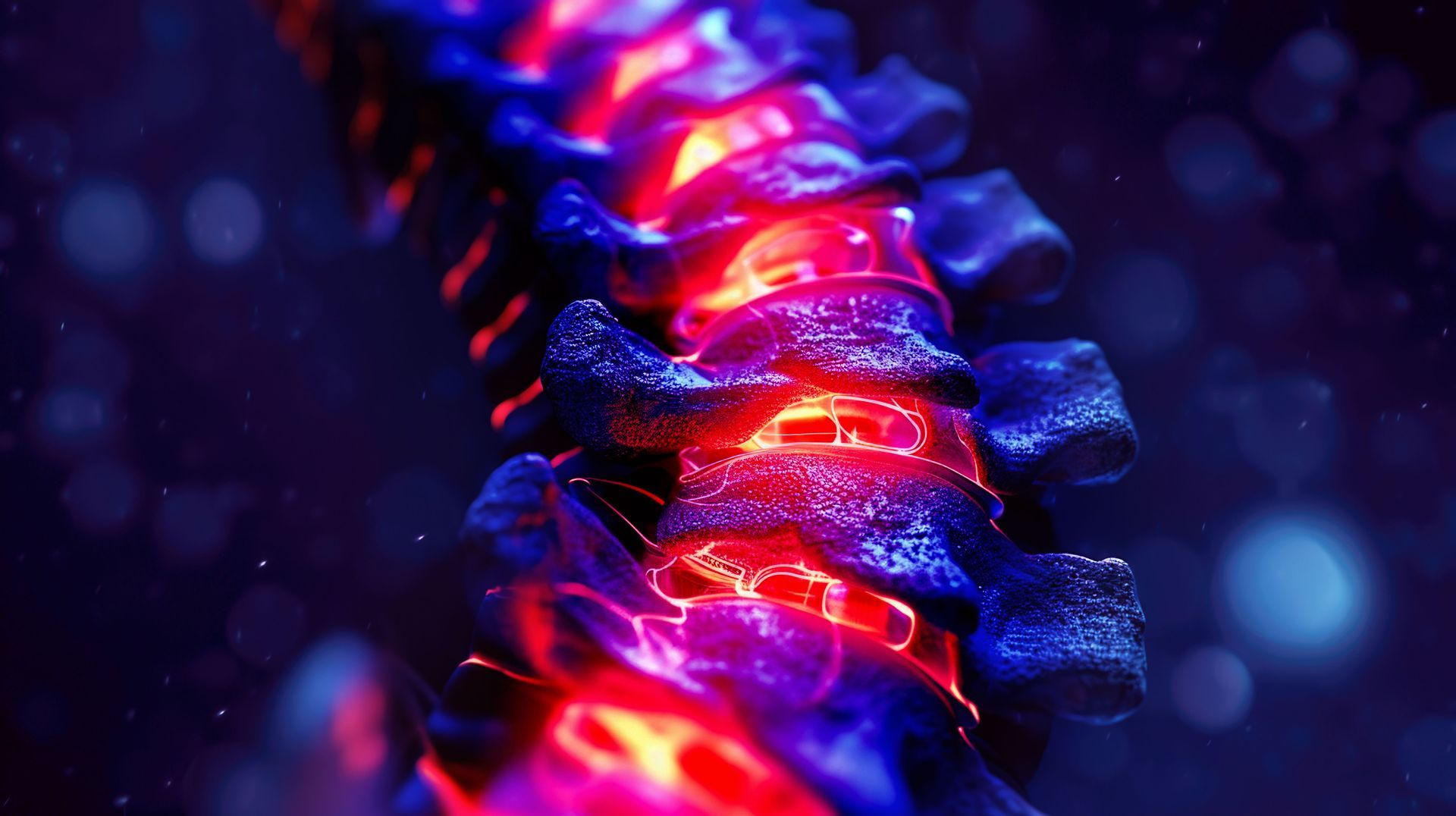 A close up of a spine with red and blue lights coming out of it.