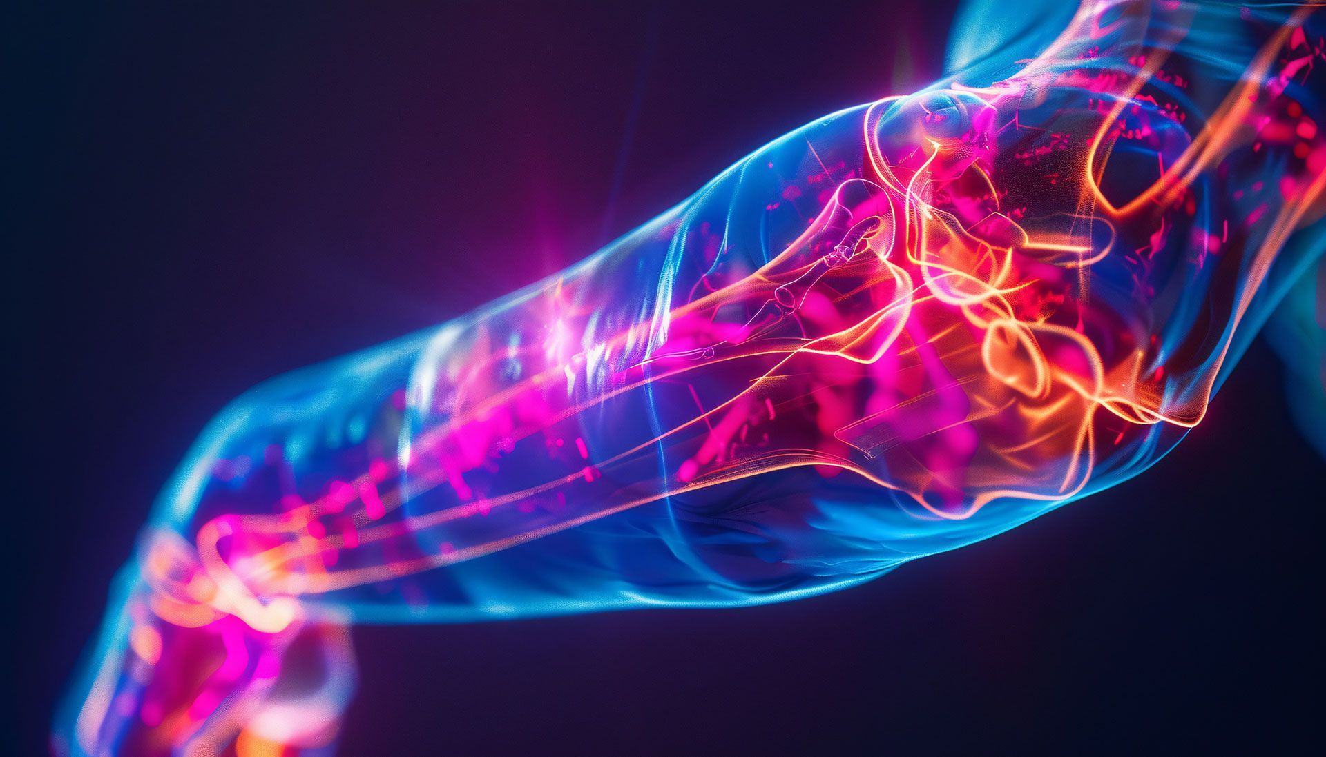 A computer generated image of a person 's arm with glowing lines coming out of it.